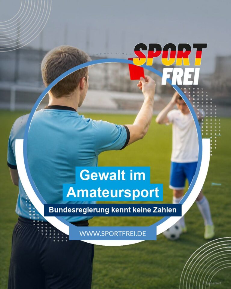 Schiedsrichter zeigt rote Karte, unscharfer drohender Spieler im Hintergrund