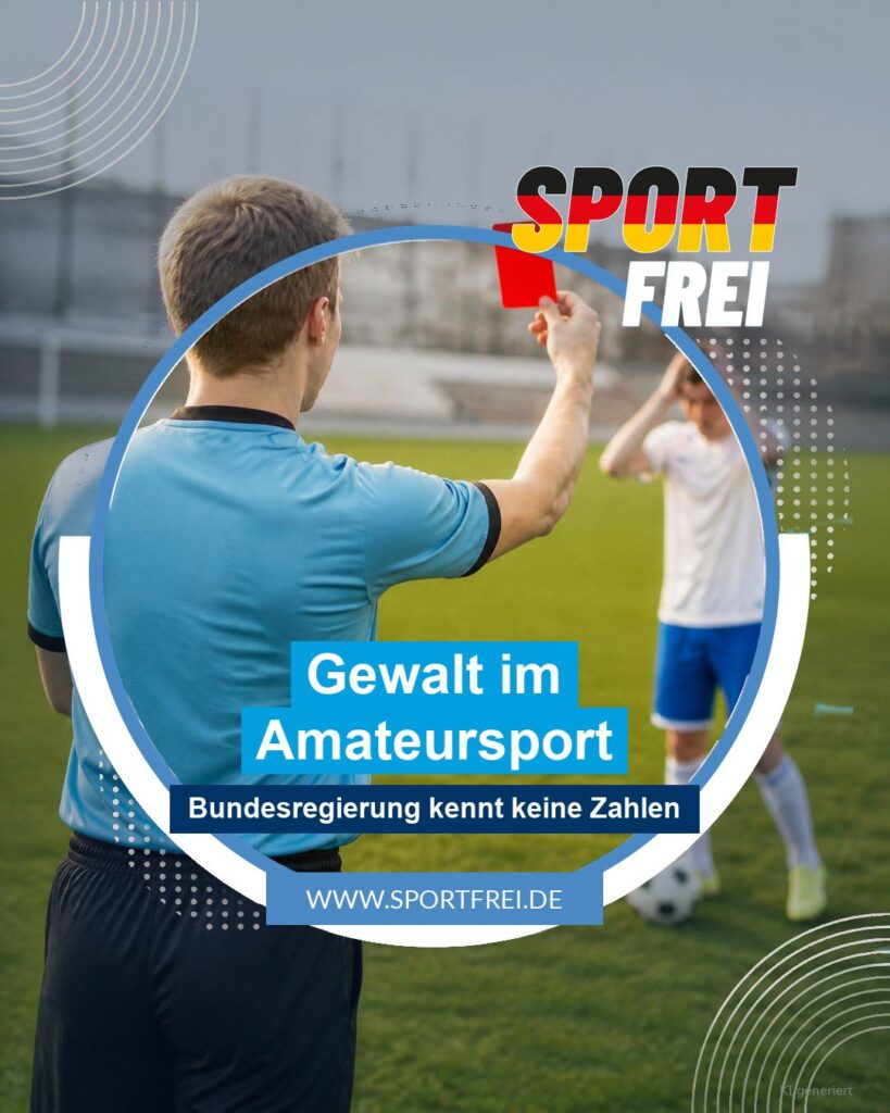 Schiedsrichter zeigt rote Karte, unscharfer drohender Spieler im Hintergrund