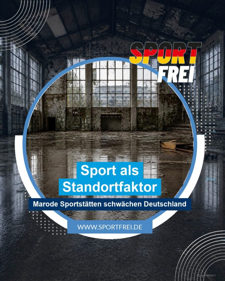 Verfallene Sporthalle mit Absperrung, Risse in der Fassade, moderne Bürogebäude im Hintergrund.