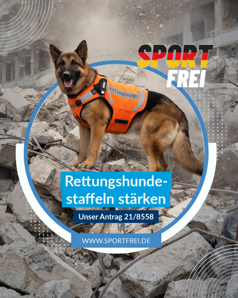 Rettungshund mit orangem Geschirr auf den Trümmern eines eingestürzten Hochhauses – Rettungshundestaffeln stärken, Unser Antrag 21/8558 – sportfrei.de