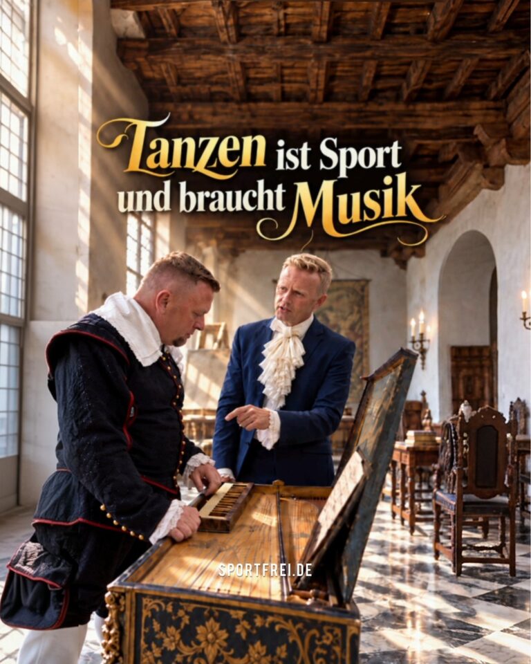 Tanzen ist Sport und braucht Musik: zwei Männer in historischen Kostümen am Cembalo in einem sonnigen Saal – sportfrei.de